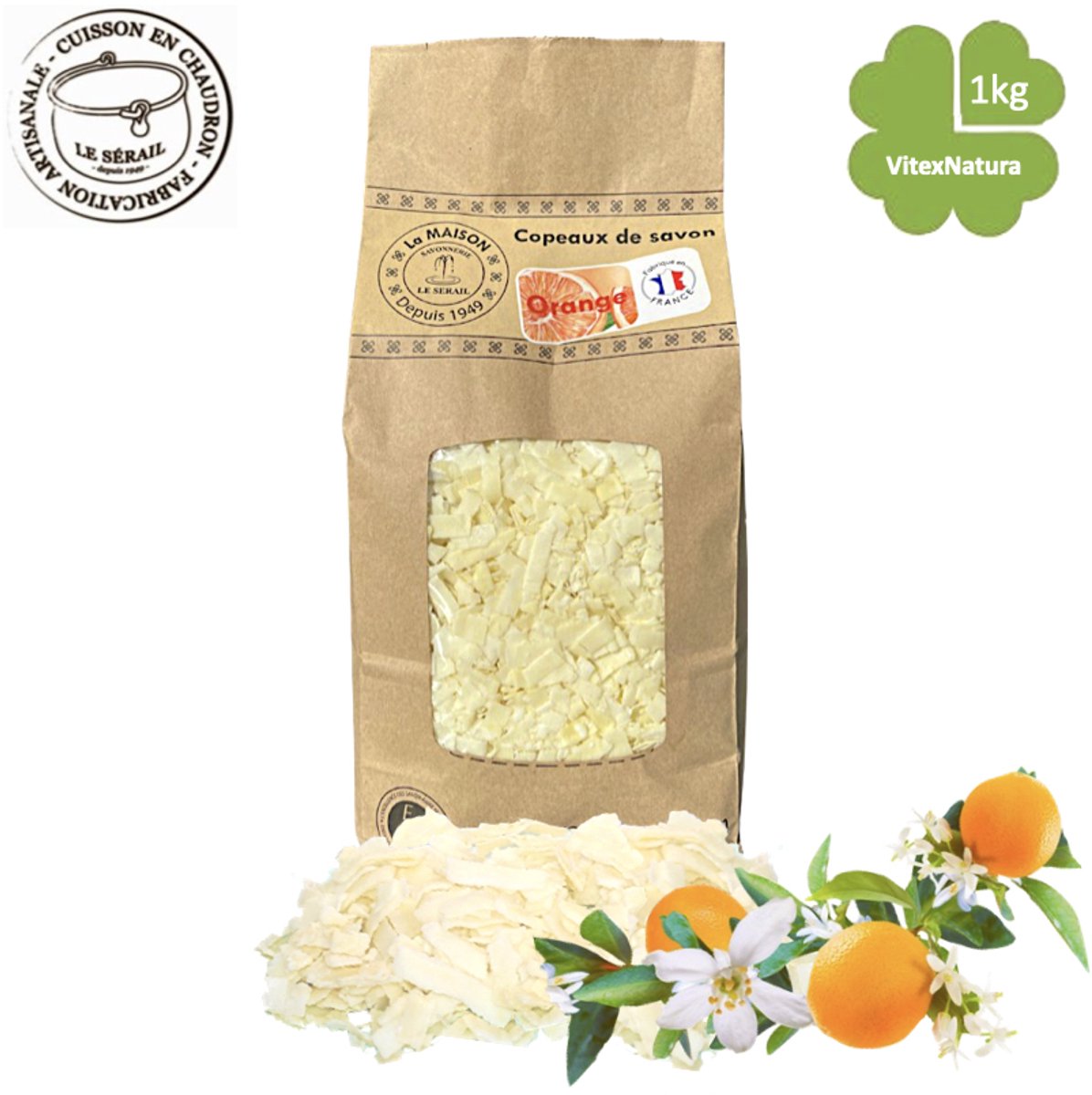 Marseille zeepvlokken sinaasappelbloesem | 1 kg | Ecologisch en Milieuvriendelijk | Le Serail | Multifunctioneel | Puur natuur