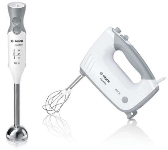 Bosch ErgoMixx staafmixer 600W wit naast een witte Bosch ErgoMixx handmixer 450W met deeghaken.