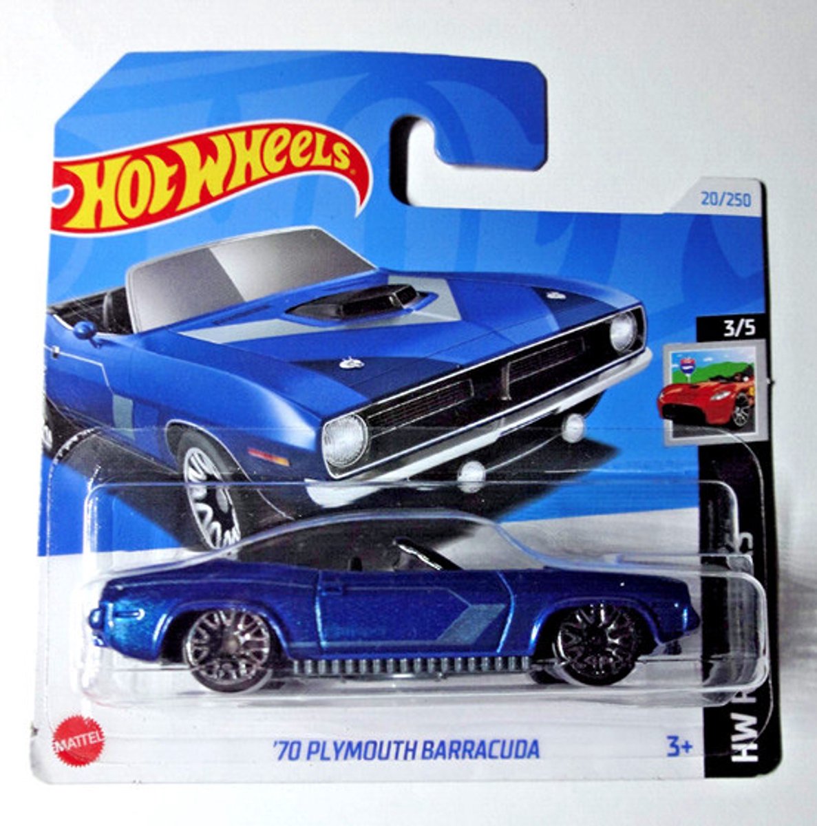 HOT WHEELS '70 PLYMOUTH BARRACUDA BLUE METALIC 20/250 1:64 HW ROADSTERS 3/5