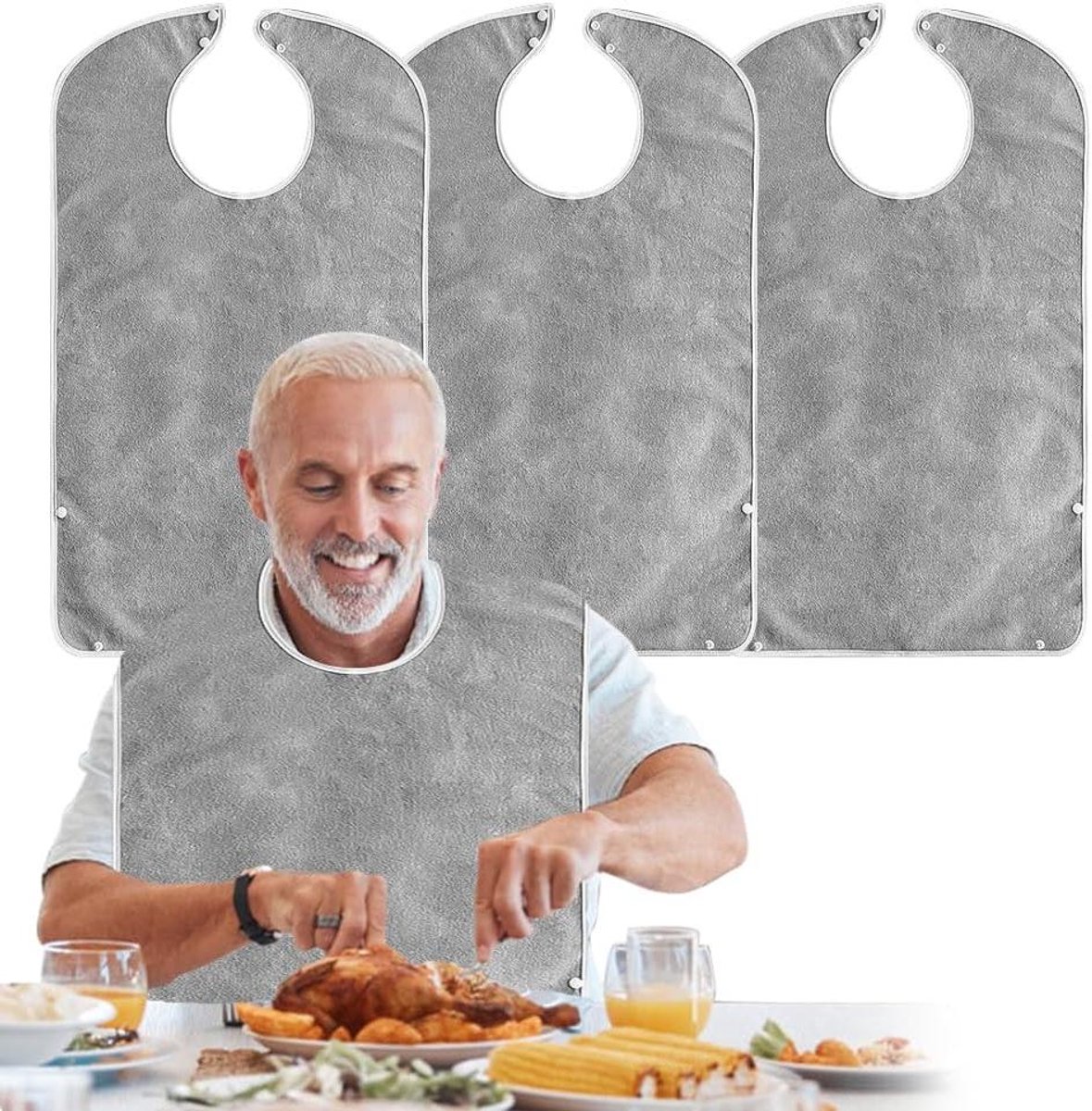 Image of 3 Waterdichte Slabbetjes voor Volwassenen met Klittenbandsluiting - Herbruikbare Badstof Slabbetjes voor Mannen, Vrouwen, Ouderen en Gehandicapten