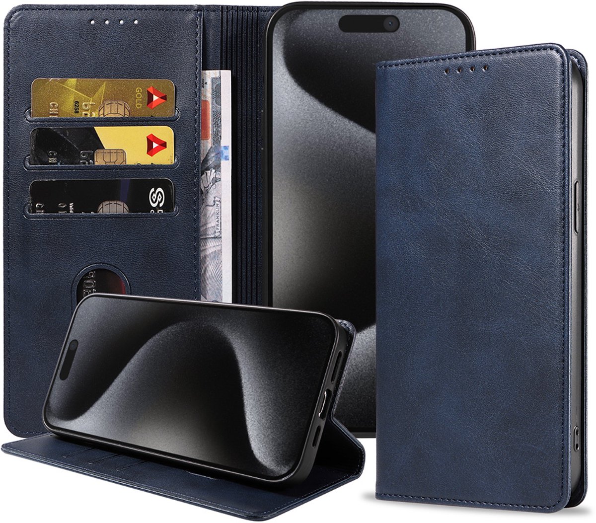 Smartphonica Telefoonhoesje Geschikt voor iPhone 15 Pro Kunstleer met Magnetische sluiting en Pasjeshouder Bookcase met Klepje - Blauw geschikt voor iPhone 15 Pro