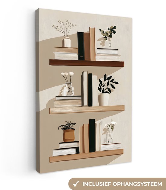 Peinture sur toile avec trois étagères remplies de livres, de petits vases avec des fleurs et des plantes. Ombres douces. Barre inférieure indique 'Système de suspension inclus'.