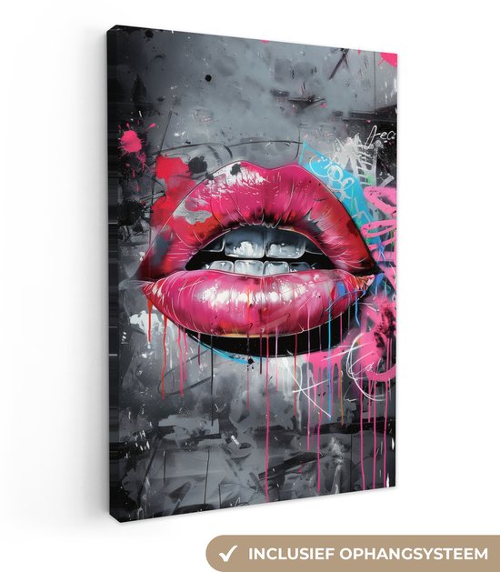Canvas schilderij 80x120 cm - Exclusieve wanddecoratie Lippen - Felroze - Graffiti - Verfstrepen - Muurdecoratie woonkamer - Slaapkamer decoratie - Kamer accessoires - Schilderijen op canvas