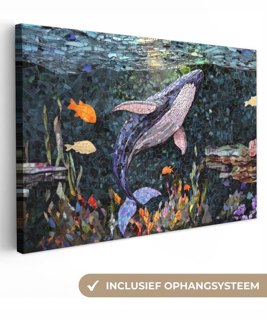 Mozaïek van een blauwe walvis die naar boven zwemt in donkerblauw water met vissen en planten. Met tekst 'Inclusief ophangsysteem'.
