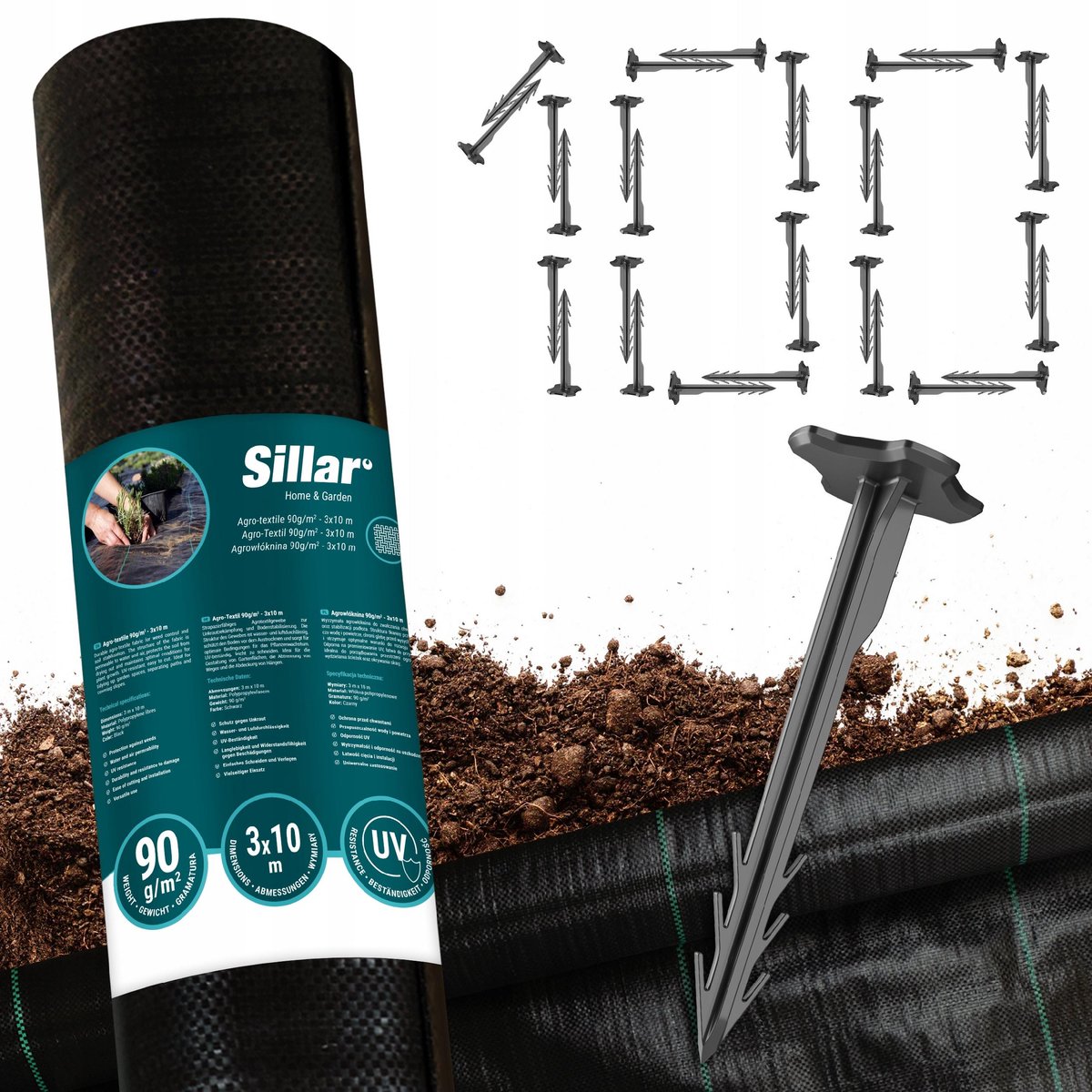 Sillar, onkruidvlies tuinvlies, tegen onkruid, agrotextiel, plantenbescherming, duurzaam, UV-bestendig, agrotextiel voor het snijden, universeel, 90 g/m2, 3 m x 10 m + Gronddoekpennen 12cm, 100stk