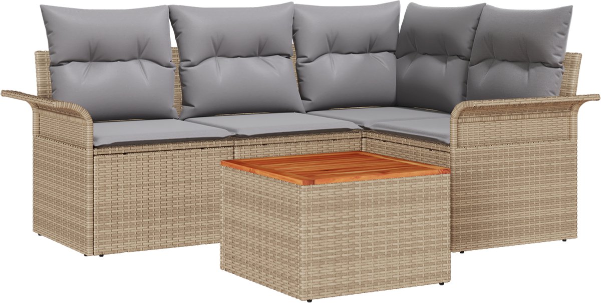vidaXL - Tuinbank - Set - met - kussen - 5 - pcs - Beige - poly - rattan