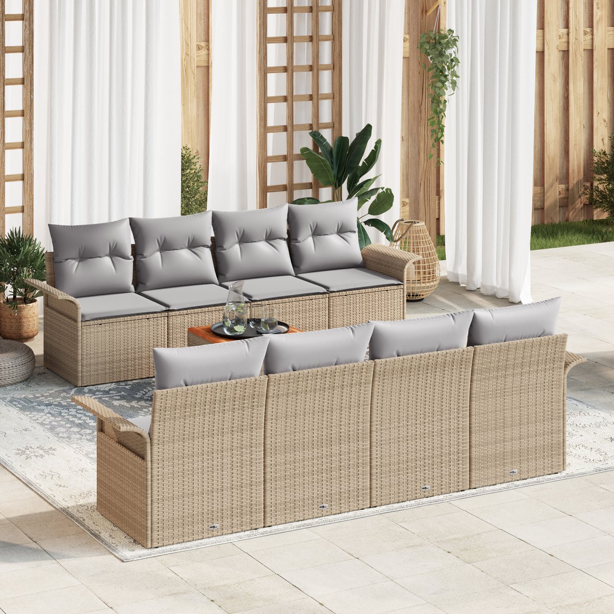 vidaXL - Tuinbank - Set - met - kussen - 9 - pcs - Beige - poly - rattan