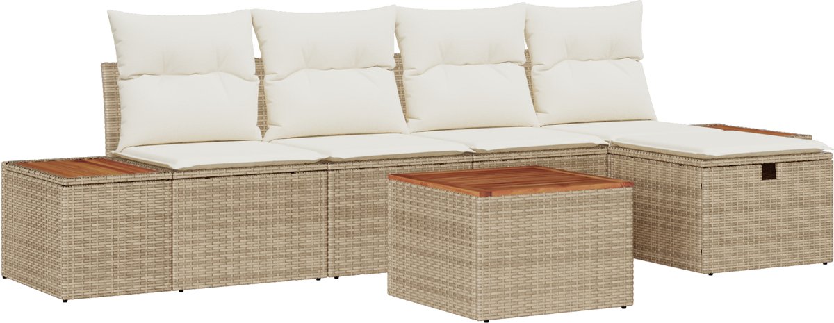 vidaXL - Tuinbank - Set - met - kussen - 6 - pcs - Beige - poly - rattan