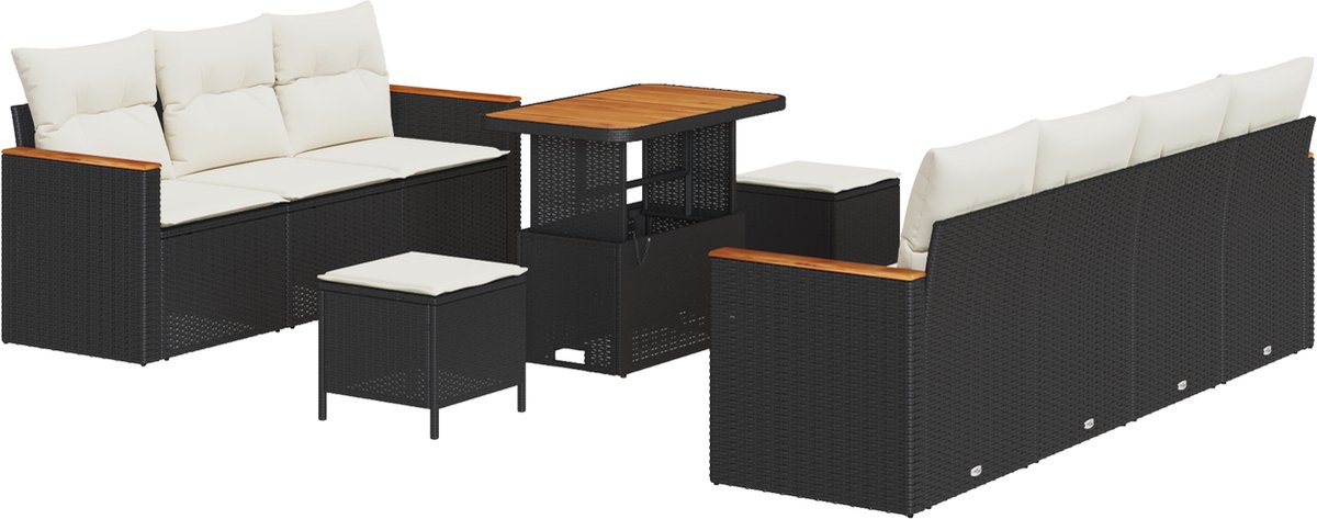 vidaXL - Tuinbank - Set - met - kussen - 14 - pcs - Zwart - en - Crème - poly - rattan
