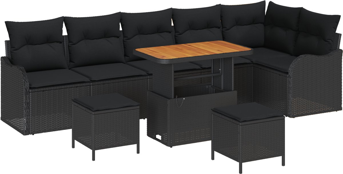 vidaXL - Tuinbank - Set - met - kussen - met - opslag - 9 - pcs - Zwart