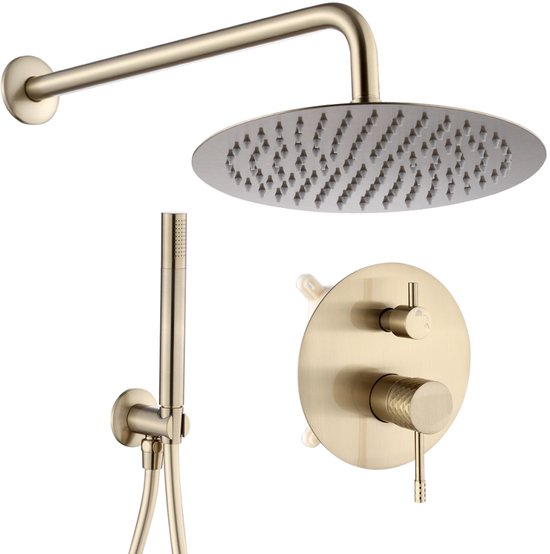 WEBO Valencia regendoucheset - Inbouw - Mat Goud geborsteld - Doucheset - 25cm - Stortdouche - Luxe Douchekop - Complete doucheset inclusief Handdouche