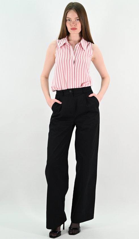 YesMooi - Wijde Broek met Hoge Taille - %100 Katoen - Zwart - L (40)