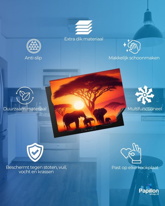 Tapis de protection pour plaque à induction, éléphants au lever du soleil, 'Antidérapant', 'Matériau durable', 'Matériau extra épais', 'Facile à nettoyer'.