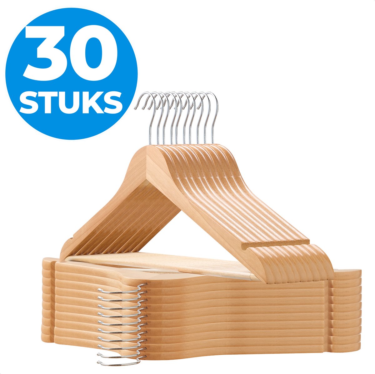 ACAZA Kledinghangers - Kleerhangers - Broekhanger - 30 Stuks - Volwassenen - 100% FSC-Gekeurd Duurzaam Hout - Anti Slip - Lichte Eik Kleur