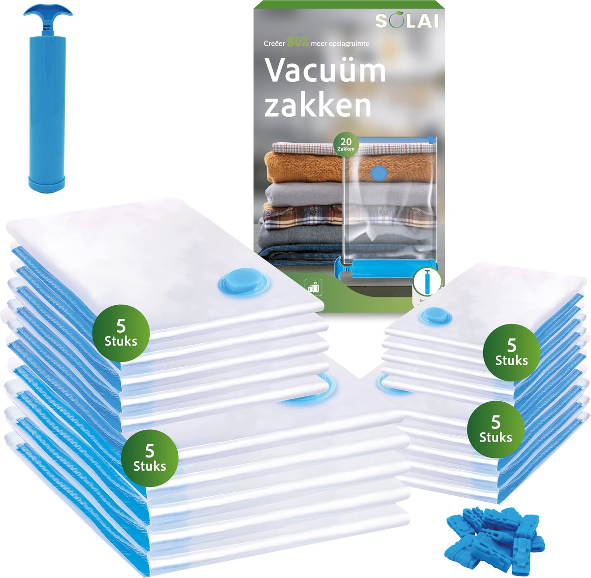Solai Vacuümzakken – 20 stuks opbergzakken in 4 maten – Inclusief handpomp – Reiszakken – Voor kleding, beddengoed, reizen en opslag Transparant
