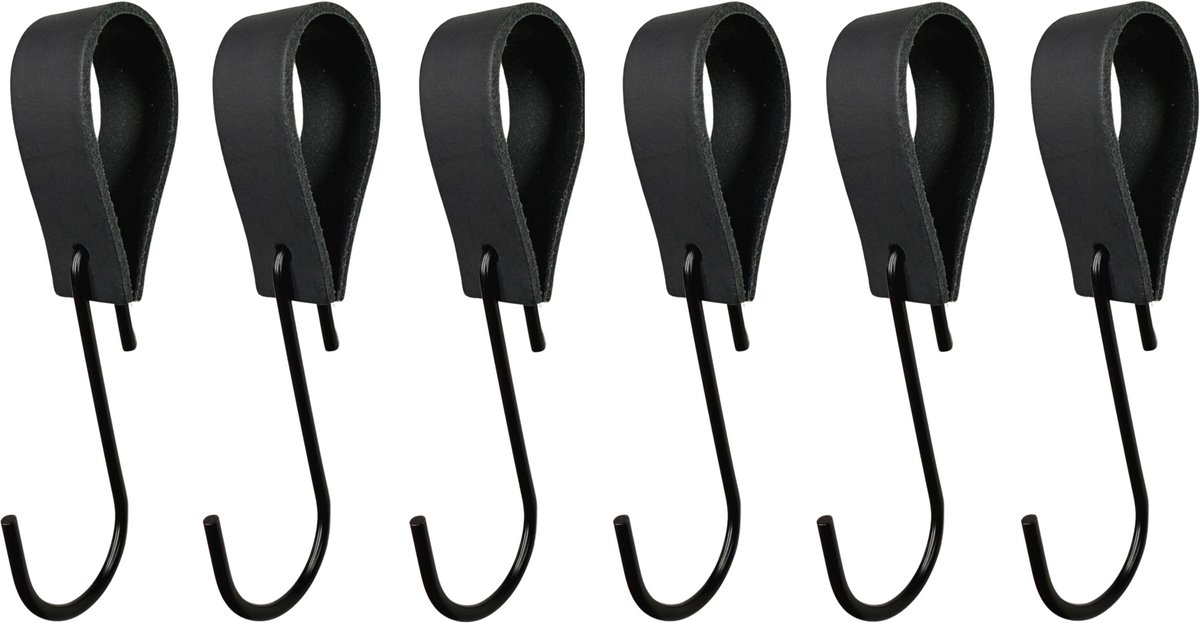 Leathergoodz - Leren S-haak hangers - Zwart - 6 stuks - 16 x 2,5 cm - max ø38mm - Leer - handdoekhaakjes - Ophanghaken – kapstokhaak