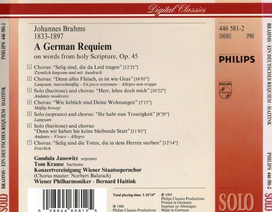 Albumhoes achterkant: Brahms A German Requiem tracklist met artiesten Gundula Janowitz en Tom Krause