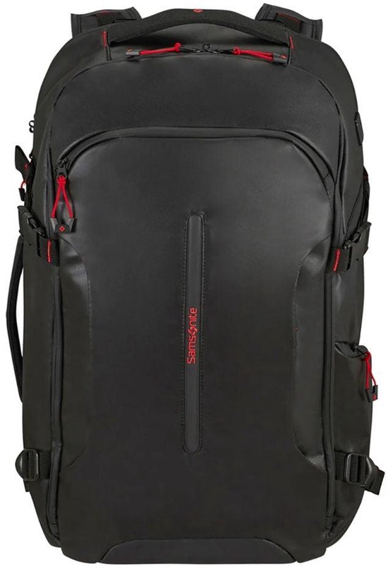 Zwarte rugzak met rode accenten en ritsen, merknaam Samsonite op de voorzijde.