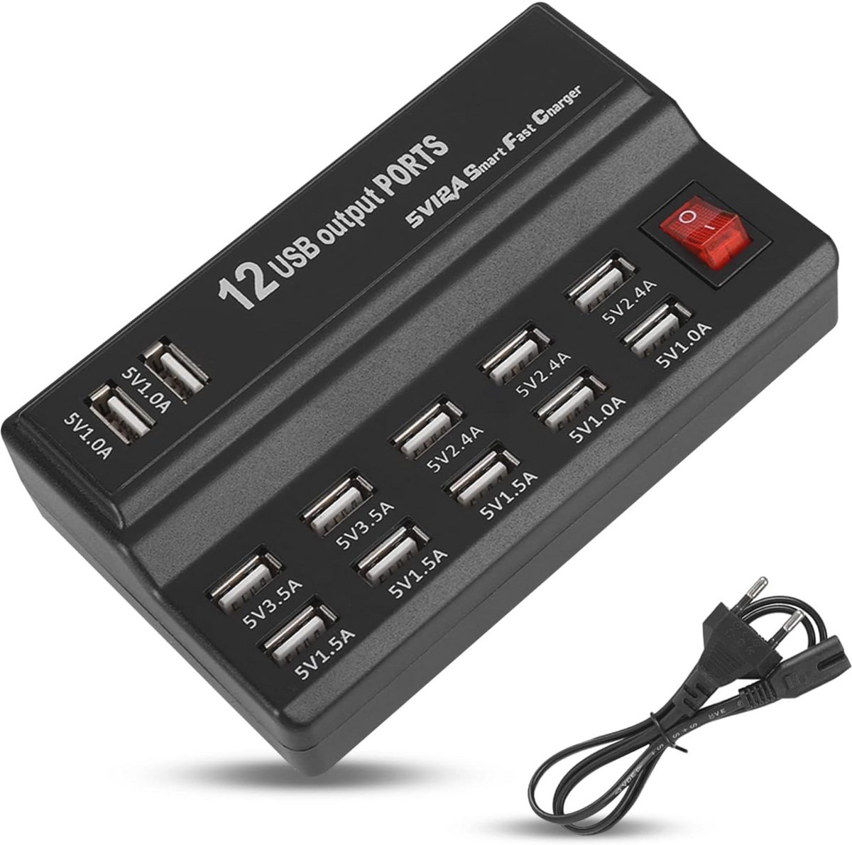 Laadstation met 12 Poorten voor USB-Opladers - 5V, 10A, Geschikt voor Telefoons en Tablets