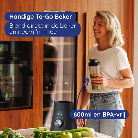 Safecourt Kitchen Power Blender - 1,5L Glas & 2x 600ml To-Go beker - 1300W Smoothie maker - Krachtig, stil en eenvoudige reiniging - RVS