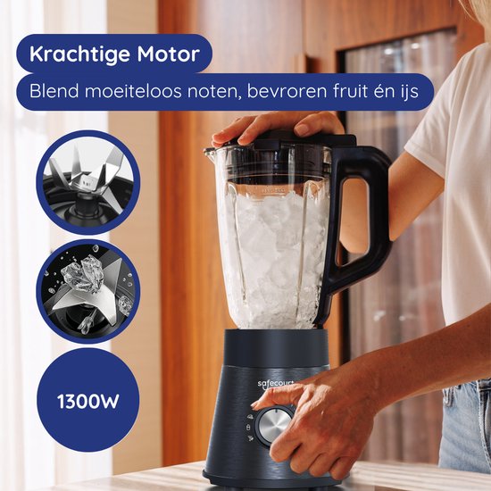 Safecourt Kitchen Power Blender - 1,5L Glas & 2x 600ml To-Go beker - 1300W Smoothie maker - Krachtig, stil en eenvoudige reiniging - RVS