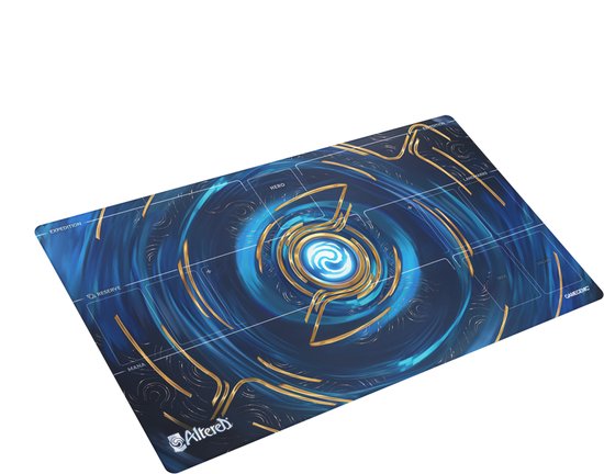 Speelmat met een blauwe, wervelende vortex met gouden lijnen. Het 'Altered'-logo staat linksonder.