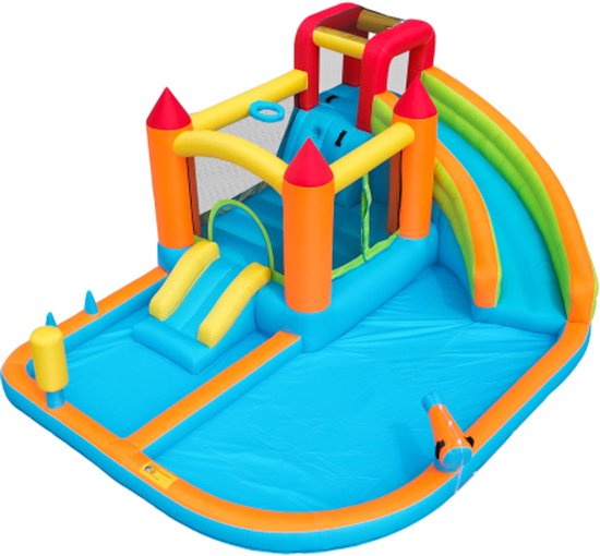 Foto: Gotagee multifunctioneel springkussen voor buiten met blower waterglijbaan trampoline basketbalring waterpistool 2 zwembadgebieden 1 grote en 1 kleine glijbaan voor droog en nat gebruik een waterpark