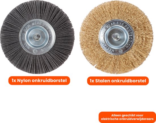 Een grijze nylon onkruidborstel en een gouden stalen onkruidborstel. Alleen geschikt voor elektrische onkruidverwijderaars.