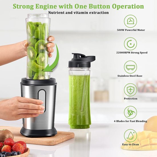 Mini Blender - Smoothie Maker - Gezonde Drankjes Maken - Krachtige 500W Motor - 2x 600ml Flessen - Zilver van MINI — afbeelding 3