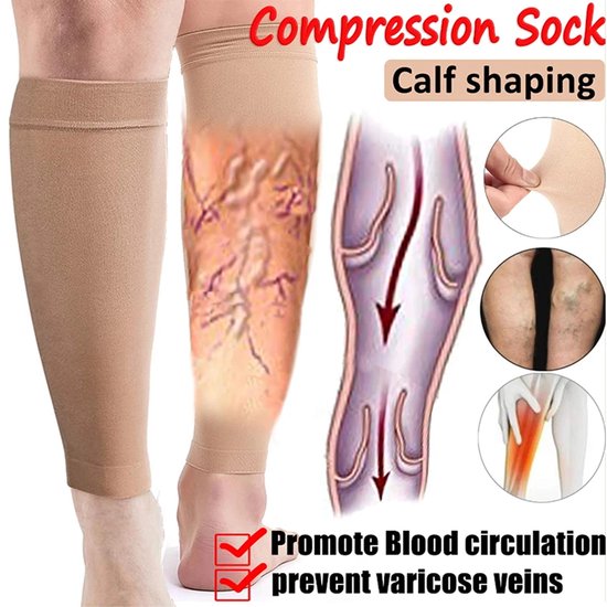 Beige compressiekousen voor de kuiten, met illustraties die spataderen en bloedcirculatie tonen.