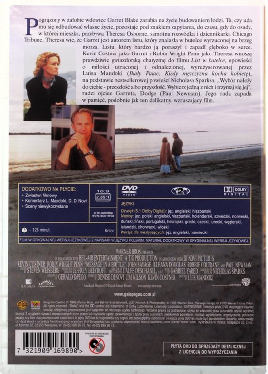 Achterkant van de DVD-hoes van 'Message in a Bottle'. Bevat recensies, speelduur, taalopties en castinformatie. Toont ook een kleinere afbeelding van de hoofdrolspelers op het strand.