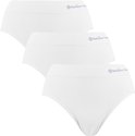 Drie witte, naadloze slips opgestapeld. De taillebanden tonen het logo 'Bamboo Basics'.