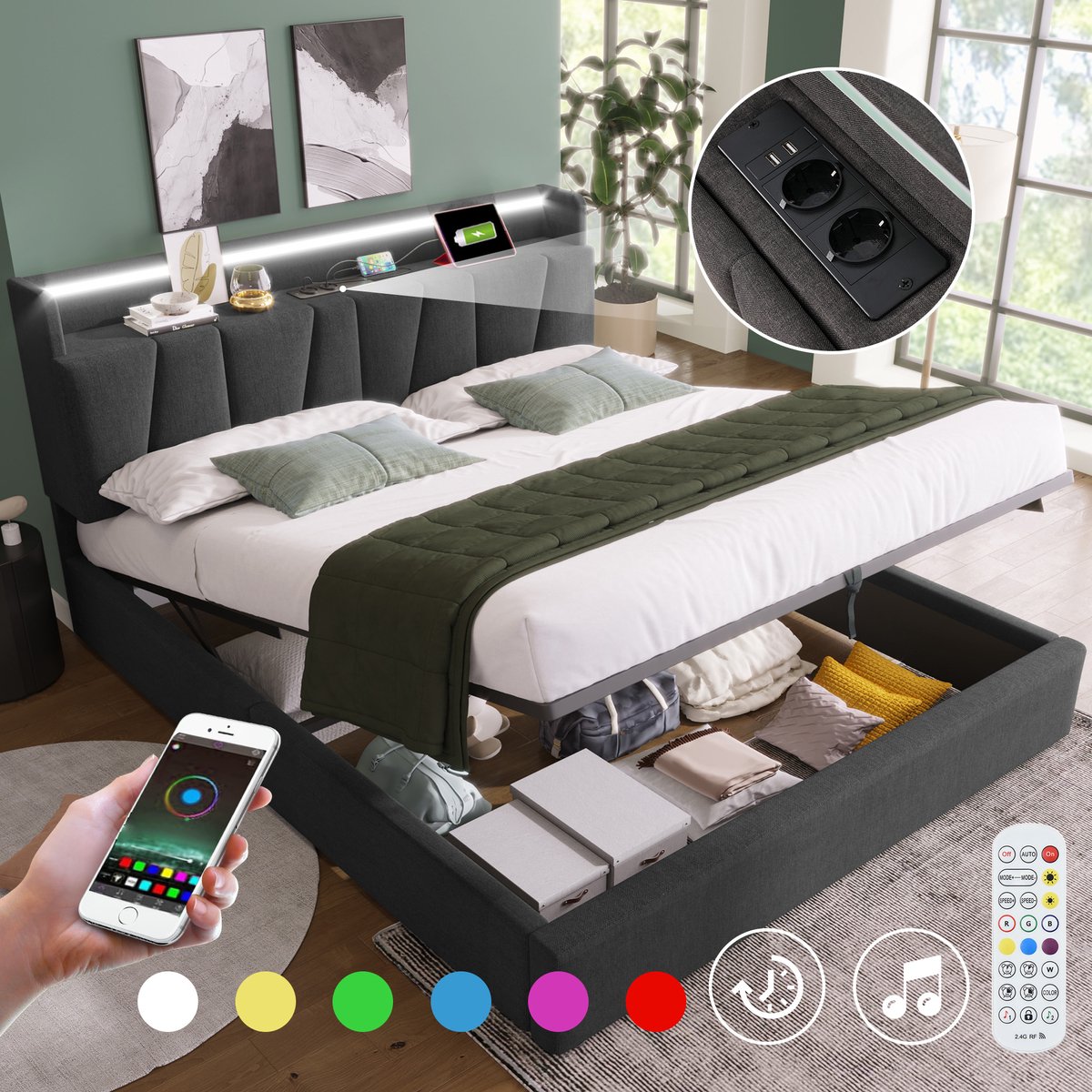 Merax Gepolsterd tweepersoonsbed met oplaadbare USB-oplader, opbergruimte hoofdeinde en LED-verlichting, tweepersoonsbed 140x200 cm opbergbedden bedframe, houten lattenbodem, grijs (zonder matras)
