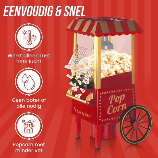 Rode popcornmachine met gouden accenten, met pictogrammen voor hete lucht, zonder boter/olie en minder vet.