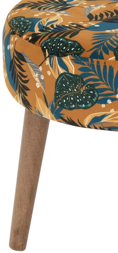 Zijaanzicht van een okergeel krukje met tropische print en een houten poot.