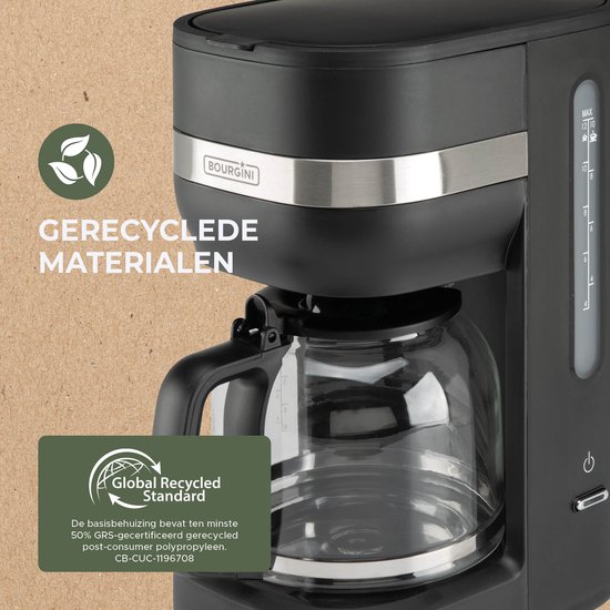 Cafetière Bourgini Elements – 1,5 L (10 à 12 tasses) – Plaque chauffante – Arrêt automatique – Lavable au lave-vaisselle – 50 % de matériaux recyclés (certifié GRS)