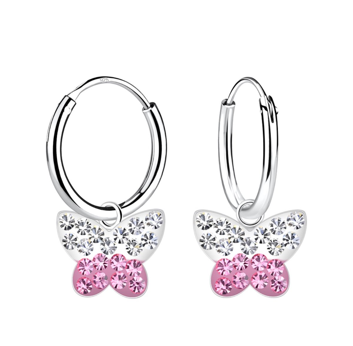 La Rosa Princesa Zilveren Oorringen met Vlinderhanger Met Kristal steentjes Vlinder Kinder Oorbellen - 925 zilver 12mm