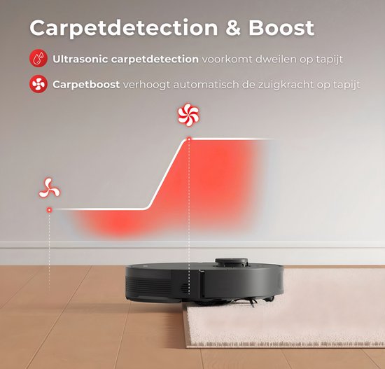 Zwarte robotstofzuiger detecteert tapijt en verhoogt zuigkracht met 'Carpet boost'.