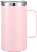 RVS Mok - Koffiebeker - RVS Beker - Koffiemok - Coffee Mug - Koffiekop met Oor - Thermo Mok - met Deksel - Dubbelwandige - 650 mL - Lichtroze