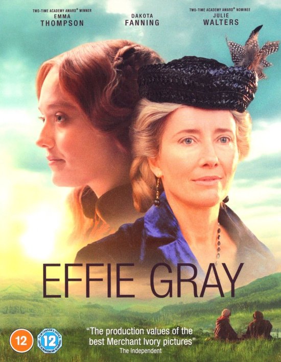 Filmcover van Effie Gray met Emma Thompson en Dakota Fanning. Emma Thompson draagt een zwart hoedje met veren.