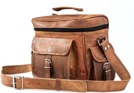 Sac de travail en cuir cognac avec poignée et bandoulière, avec des poches avant à boucles.