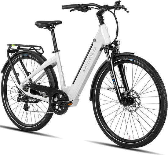 Elektrische Fiets Deruiz Quartz Wit - 644Wh/15Ah Accu - 161 km Bereik - 250W/55Nm Motor - 28" Wiel met Lage Instap Frame - Hoogwaardig Aluminium Frame - Voorvork Vering - Shimano 8 Versnellingen - App Controle - Bluetooth Verbinding - LCD Display