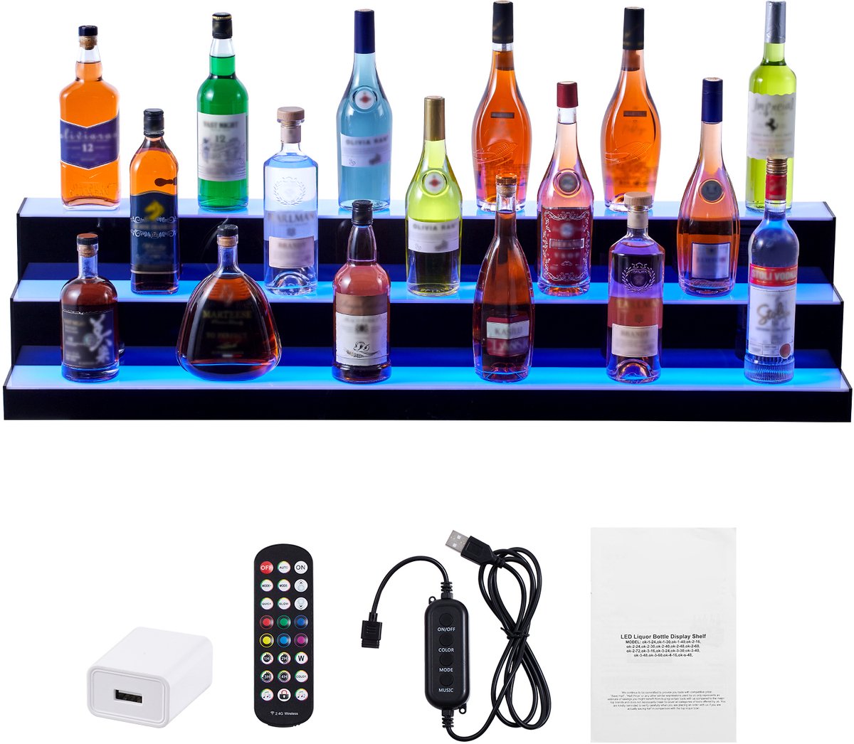 Cityjoy LED verlichte drankfles display rek, 3 lagen USB verlichte fles plank, thuis bar drankjes acryl verlichting planken 24 flessen met RF-afstandsbediening 7 statische kleuren (4,63, pond
