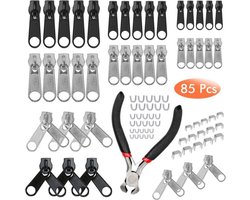 Ritssluiting reparatie set - 85 stuks - Rits reparatie kit - Rits slider vervanging - Metalen pull tabs - Zip fixer onderdelen - Rits tang - Reparatie jeans - Jassen - Jas rits - Zilver - Zwart Ritssluiting reparatie set