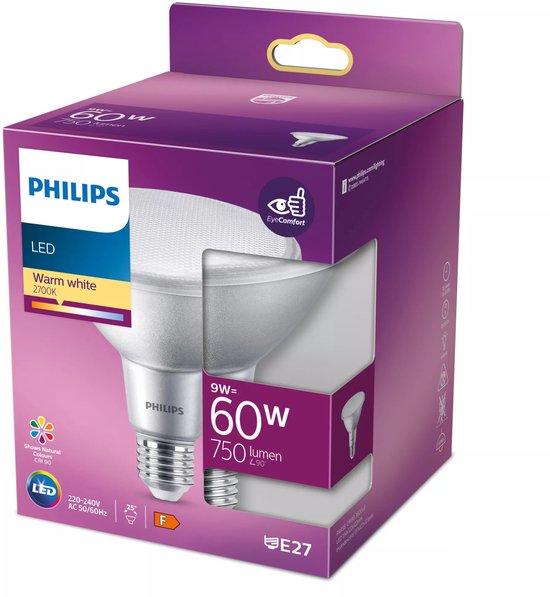 Philips LED lamp 9W=60W, 750 lumen, warm wit 2700K, E27 fitting, in paarse verpakking.