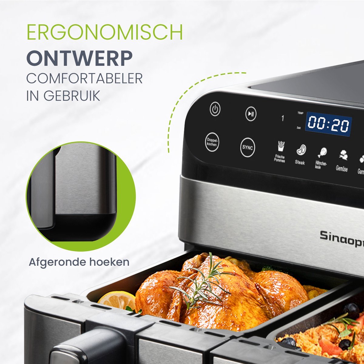 Afbeelding 3 van Digitale Airfryer XXL 9L Sinaopus 920 – Heteluchtfriteuse met Dubbele Mand en DualMand Onafhankelijke Snelle Opwarming – Voor Gezinnen – 8 Programma’s – LED Touchscreen – Kijkvenster – Makkelijk te Reinigen – Capaciteit voor 7 Personen