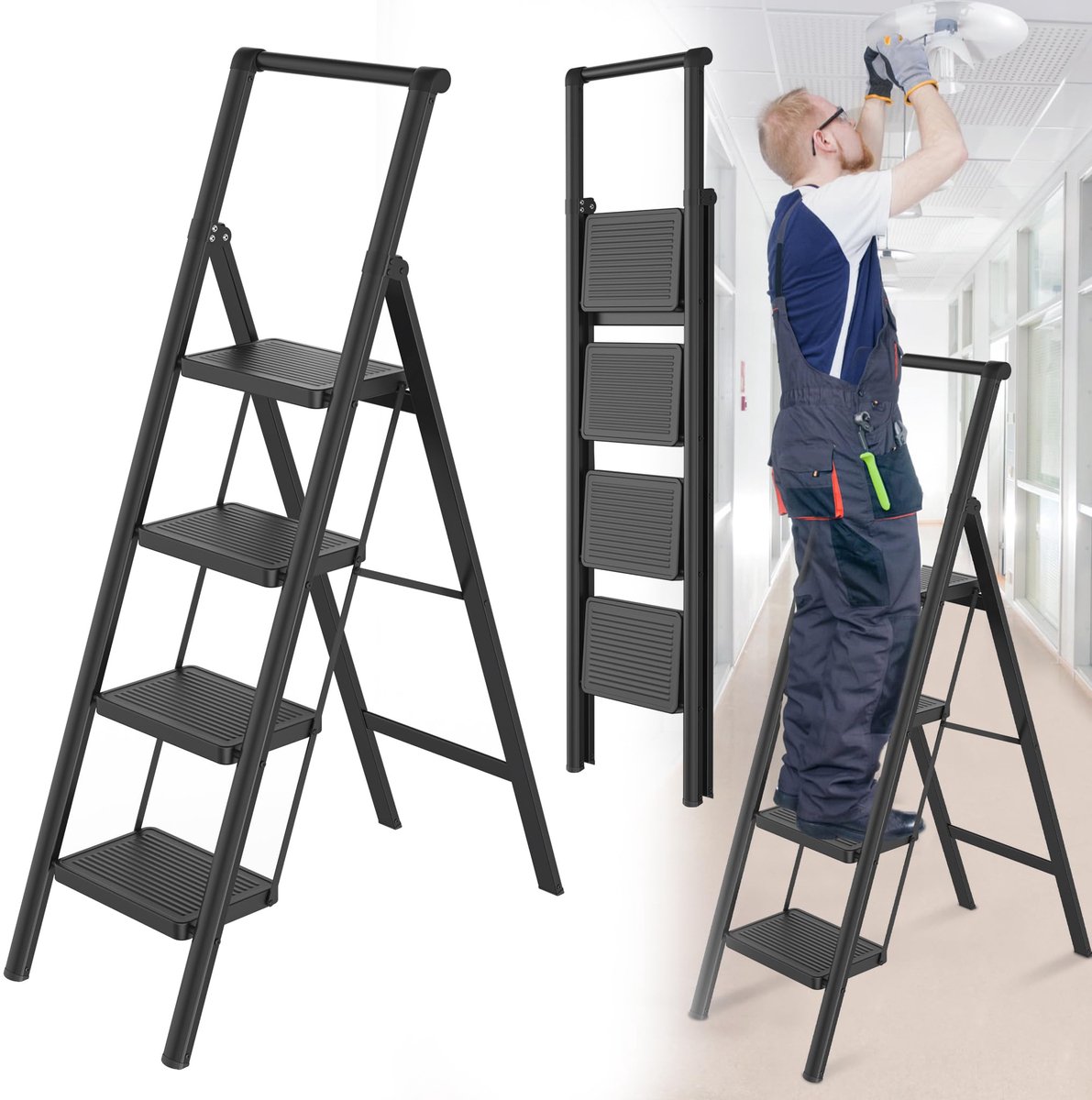 Aufun Trapladder - 4 treden - opvouwbare ladder - opstapje - huishoudtrap - met leuning - draagvermogen 150 kg