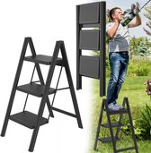 KULACO Vouwladder, Trapladder, 3 Treden, Inklapbaar, Aluminium Vouwtrap Draagbare Antislip Huishoudladder Tot 150 Kg Multifunctionele Ladder Met Houtnerf Voor Keuken Badkamer Camping 1413892410