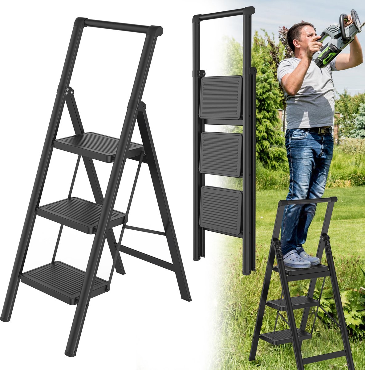 Trapladder 3 Treden Ladder Opvouwbare Ladder Opstapje Antislip Trapladder Trapladder Huishoudtrap Met Antislip Pedaal Multifunctionele Trapladder Draagvermogen 150 Kg (Met Leuning)