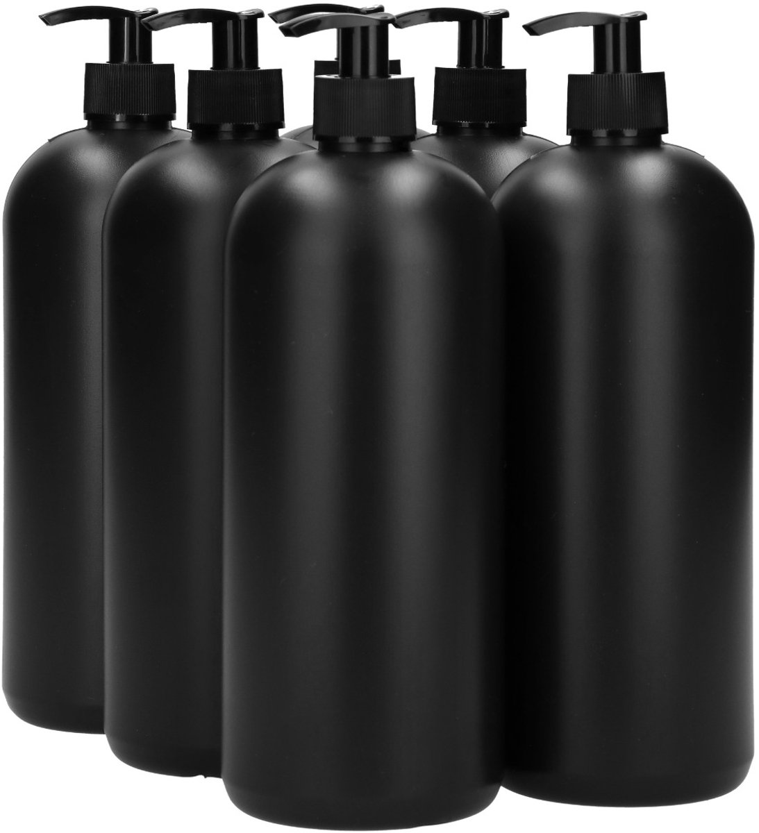 6 x 1000 ml ronde fles HDPE zwart + Zeepfles Dispenserpomp zwart - BPA Vrij - Niet Breekbaar - Plastic Flesjes Navulbaar - Met Dop - Lege Flessen - 6 stuks